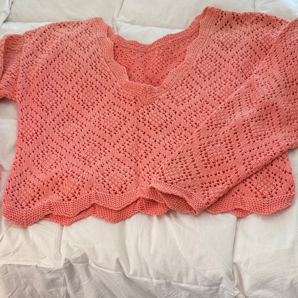 Coral Crochet Crop Sweater